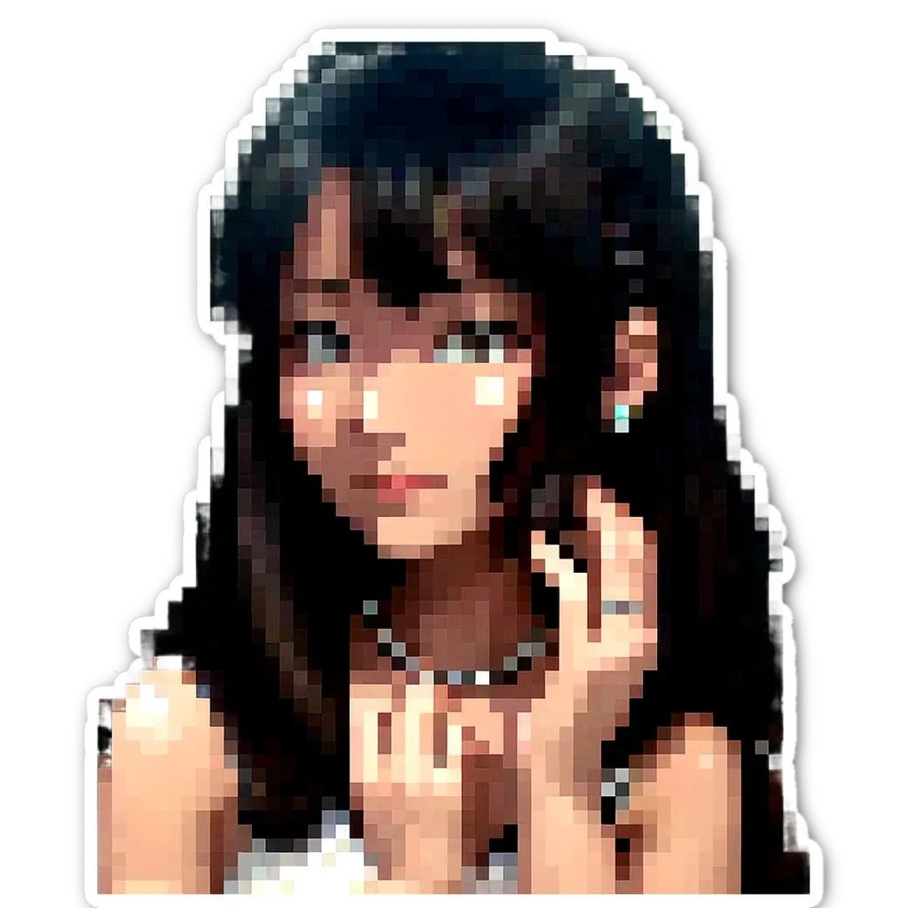 A woman with black hair looking down with a pxd sticker of her.