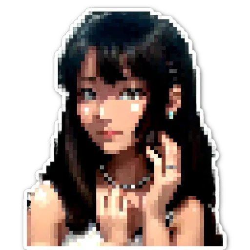 A woman with black hair looking down with a pxd sticker of her.