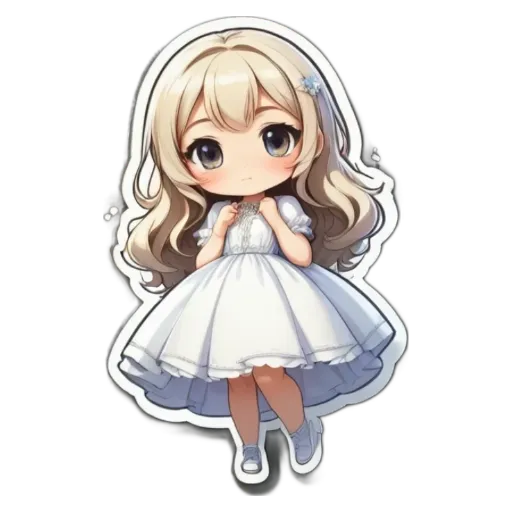 A girl is wearing a white dress as a sticker.
