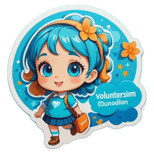 A sticker of a girl with a name tag that says "volunteersim".