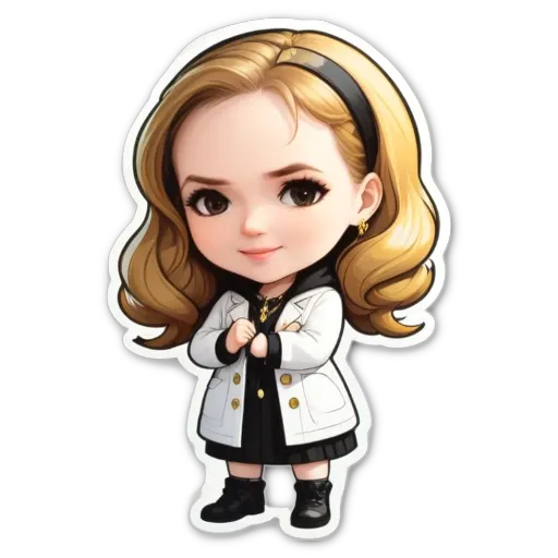 A sticker of a girl that is wearing a white coat.