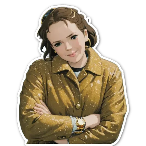 A cartoonish drawing of a woman wearing a brown coat.