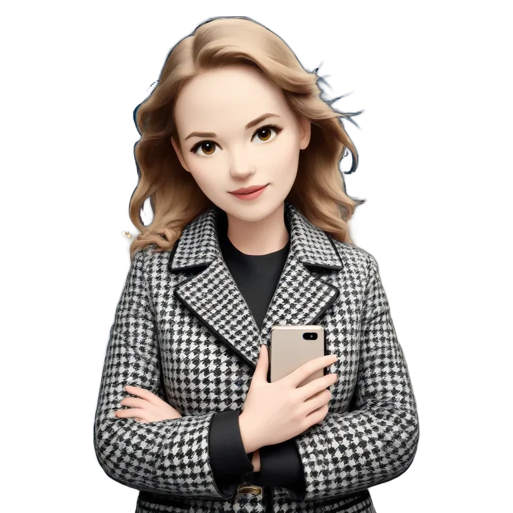 A woman holding a cell phone in a black and white checkered jacket.