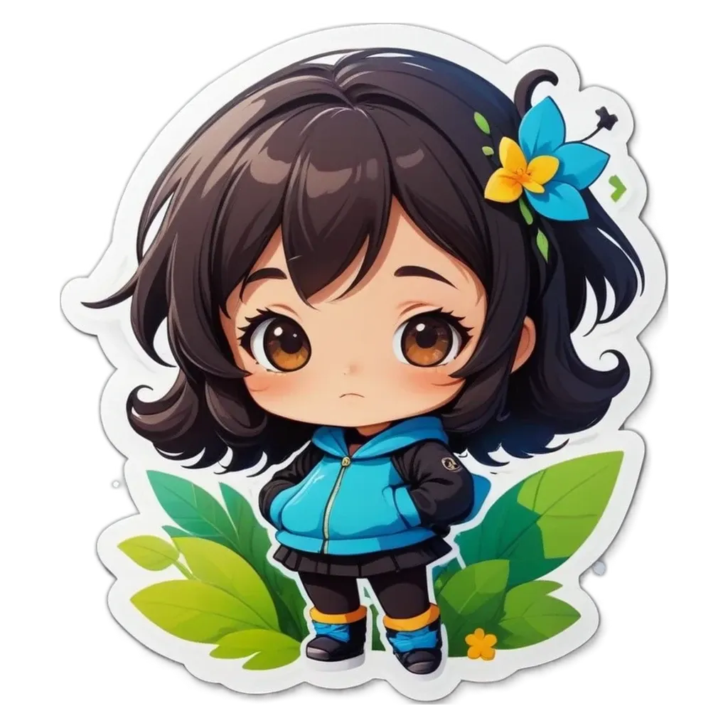 A girl with a blue jacket and yellow flower on her shirt.
