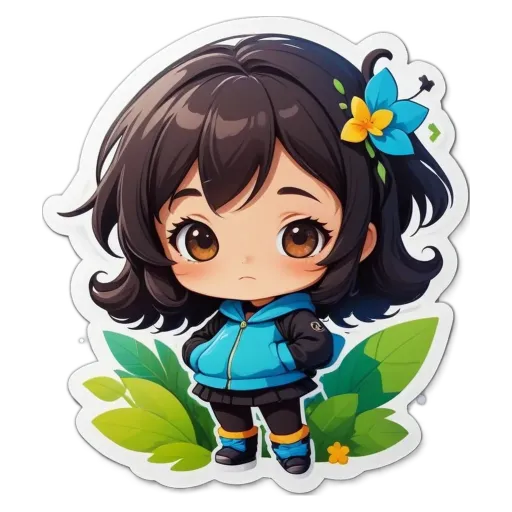 A girl with a blue jacket and yellow flower on her shirt.