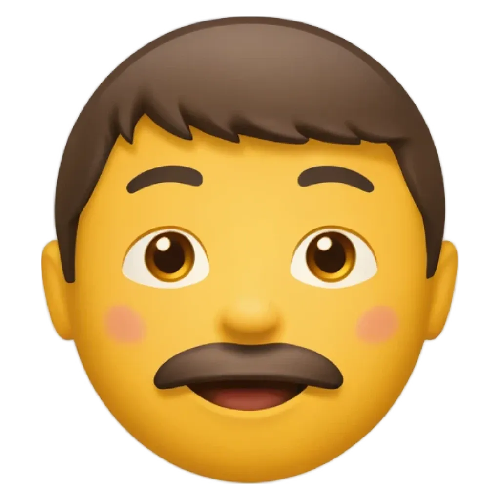 A man with a mustache is wearing an Apple emojie.