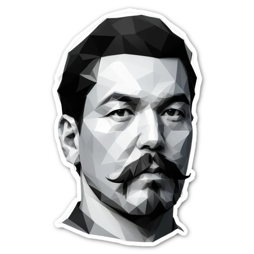 A sticker of a man's face that is black and white.