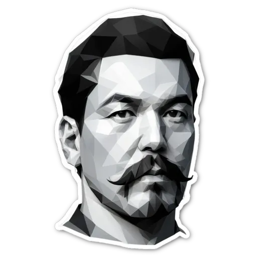 A sticker of a man's face that is black and white.