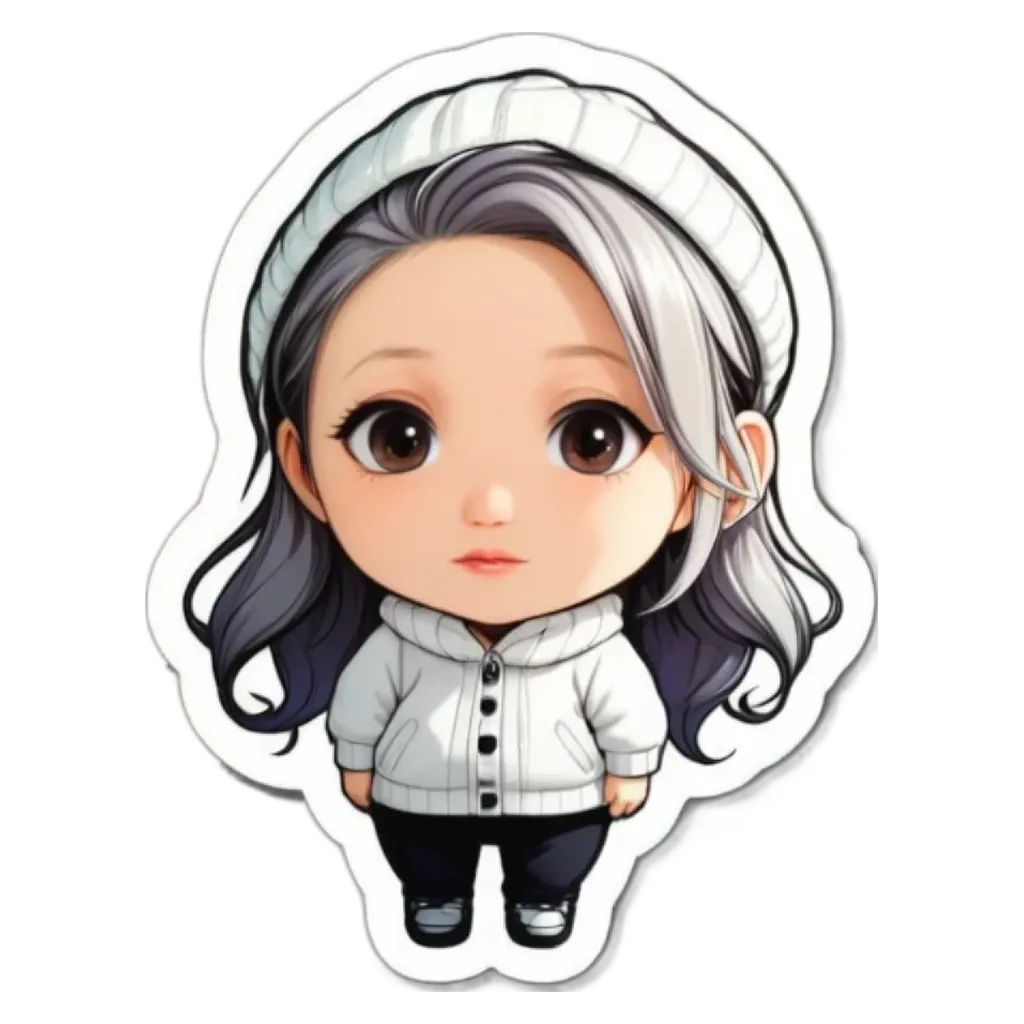 A girl is standing with the head of the sticker.