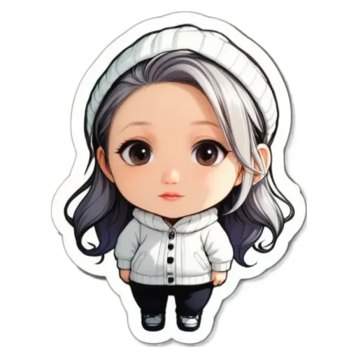A girl is standing with the head of the sticker.