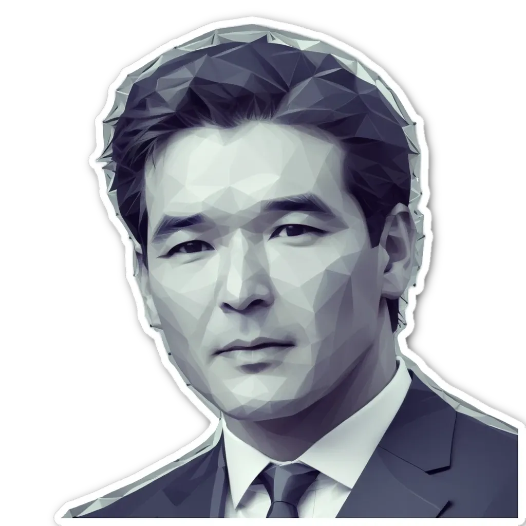 A man with a tie and a sticker that says he is a man.