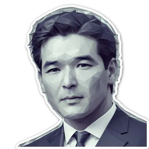 A man with a tie and a sticker that says he is a man.
