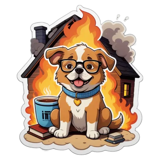 A dog wearing glasses sits in front of a house on fire.