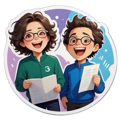 A boy and girl wearing glasses holding papers.