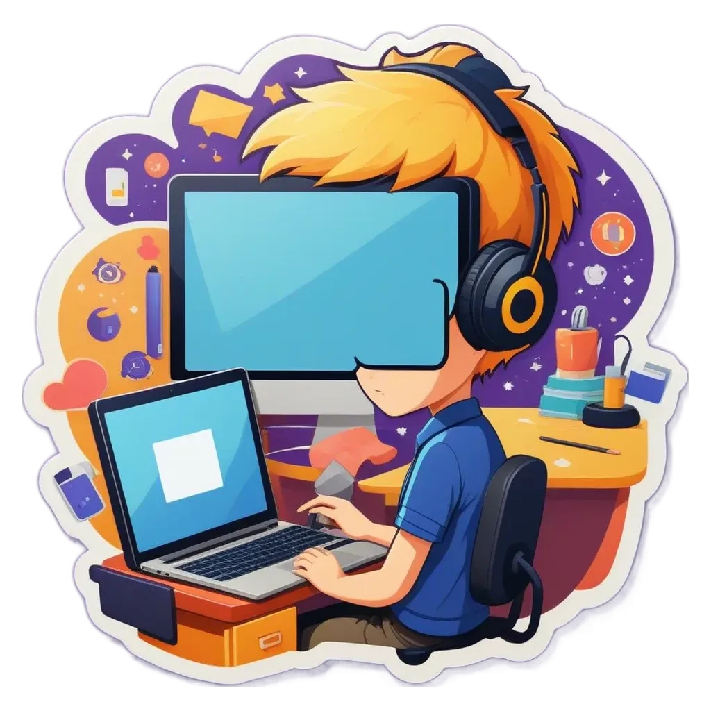A boy wearing headphones and a blue shirt using a laptop.