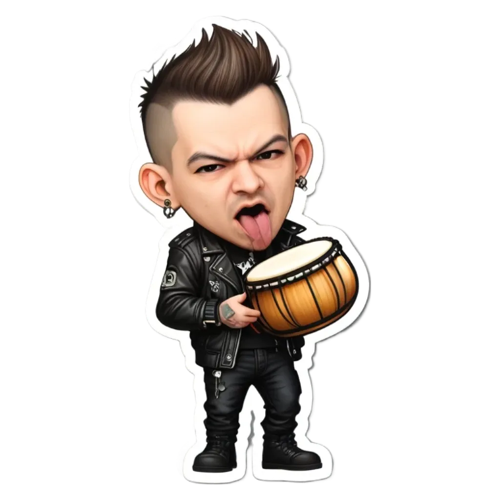 A boy with a drumstick in his mouth is holding a drumstick in his right hand.