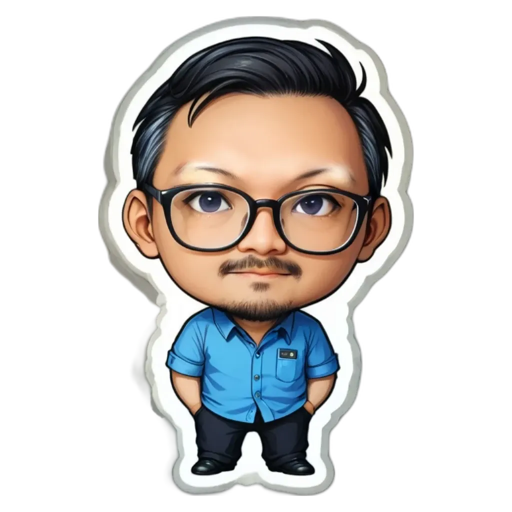 A boy wearing glasses and a blue shirt is a character in a sticker.