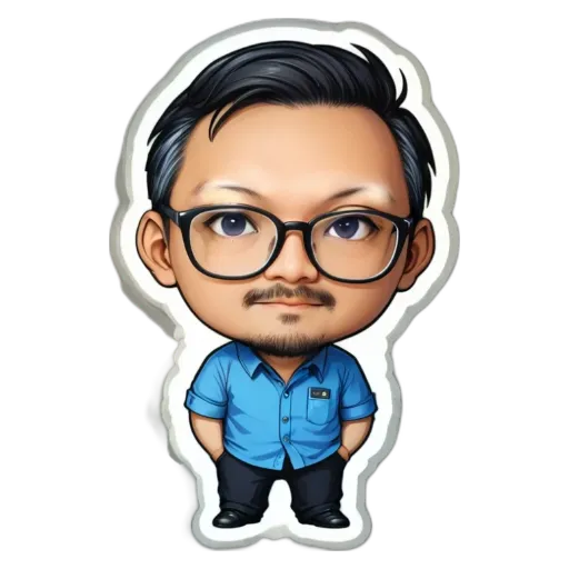 A boy wearing glasses and a blue shirt is a character in a sticker.