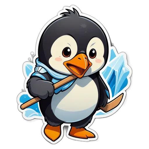 A penguin is holding a stick and has a scard on in front of him.