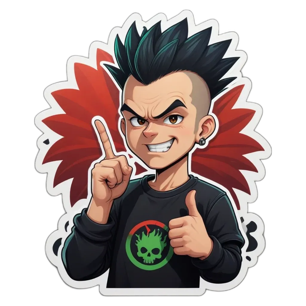 A boy with a thumbs up is wearing a black shirt with a skull on it.