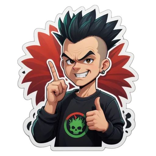 A boy with a thumbs up is wearing a black shirt with a skull on it.