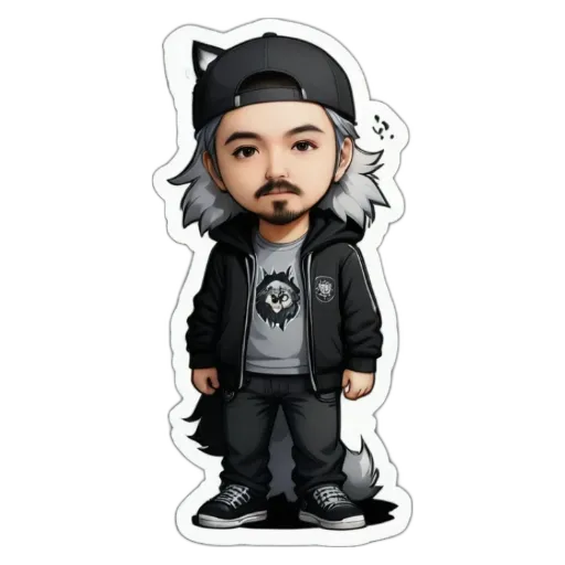 A gray and white cartoon character wearing black clothes and a hat.