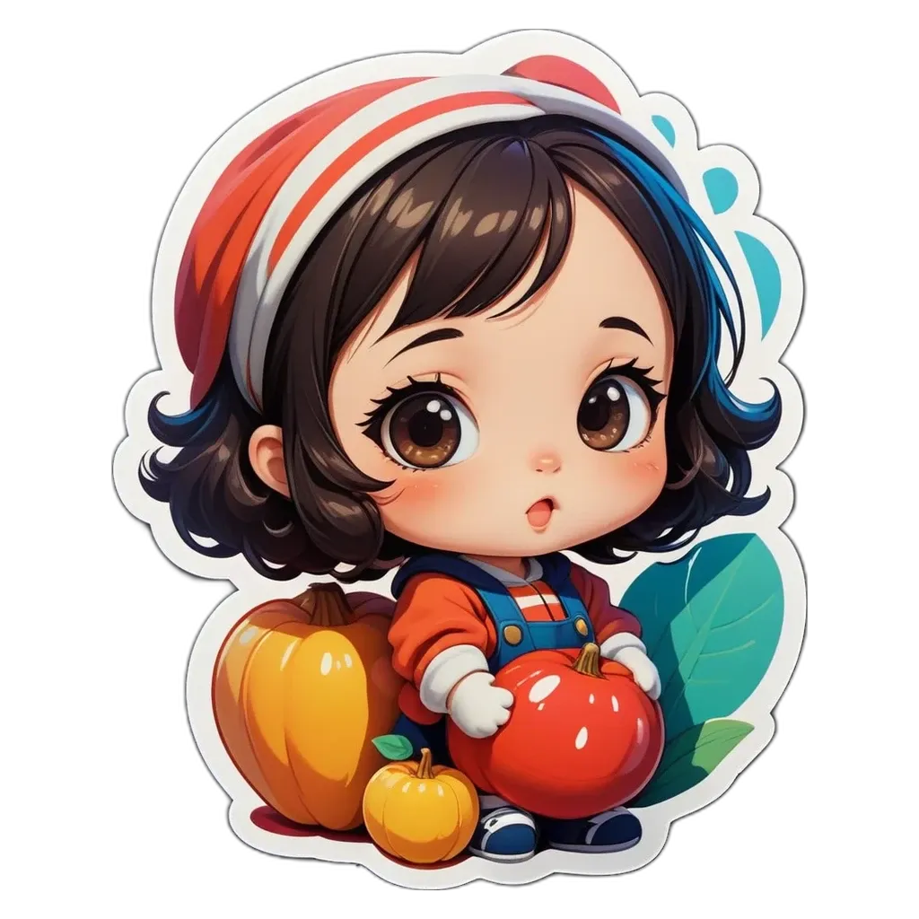 A girl holding a tomato and some apples in a cartoon style image.