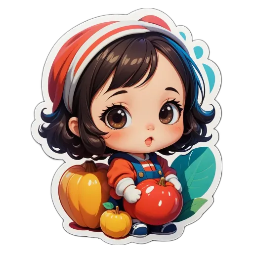 A girl holding a tomato and some apples in a cartoon style image.