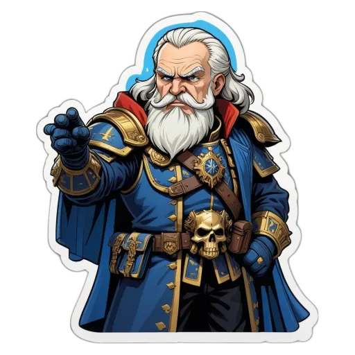 An old man with a skull for a hat is pointing his finger.