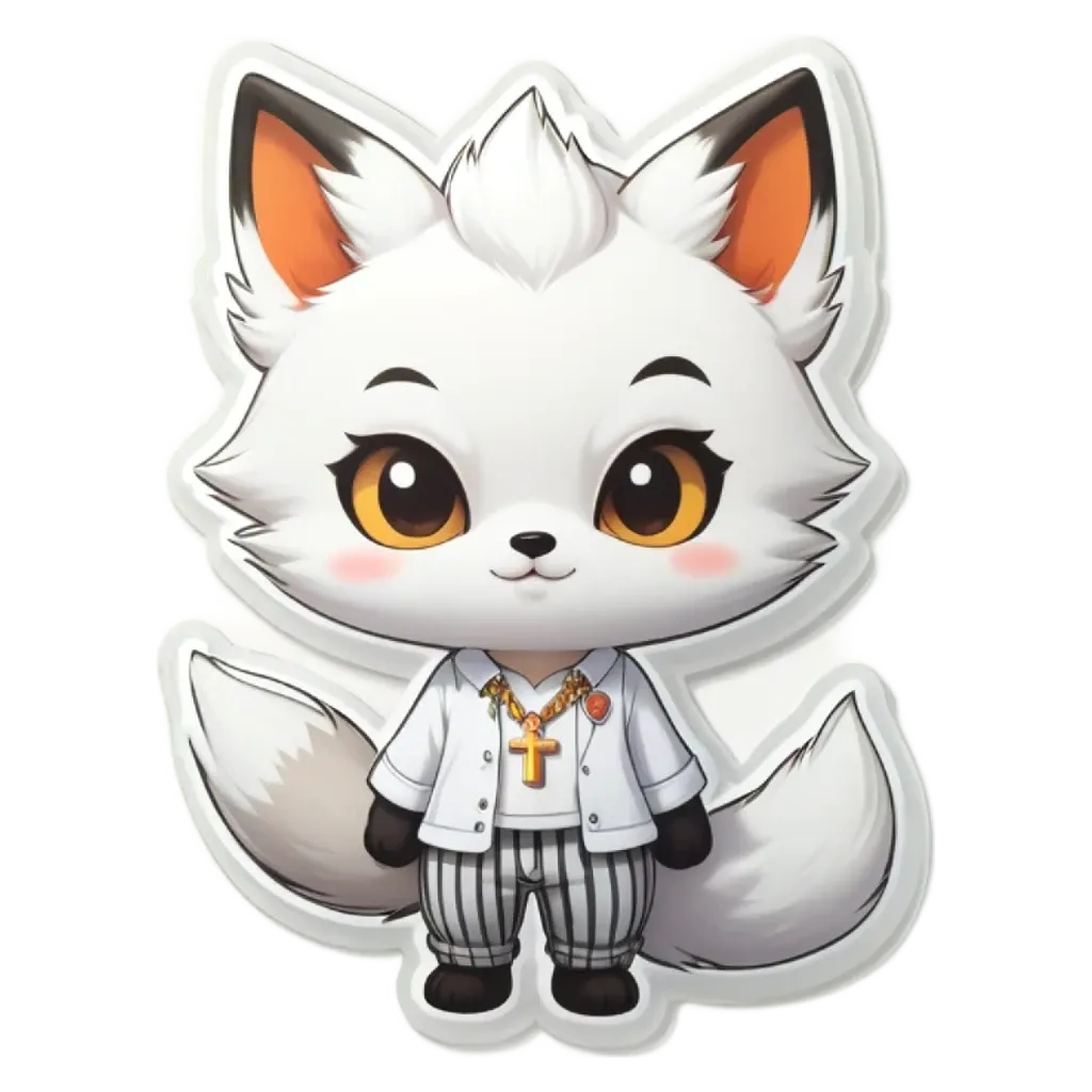 A white cat in a cartoonish outfit standing on a black and white background.