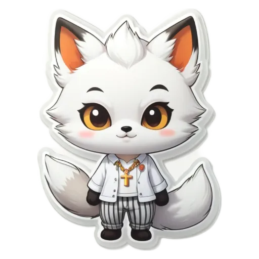 A white cat in a cartoonish outfit standing on a black and white background.