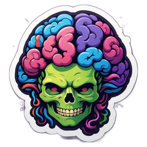 A skull with a brain on it in red with other colors in between.