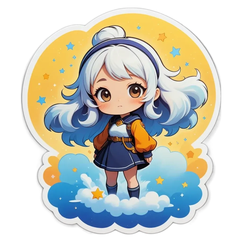 A girl with white hair and blue dress standing on a cloud sticker.