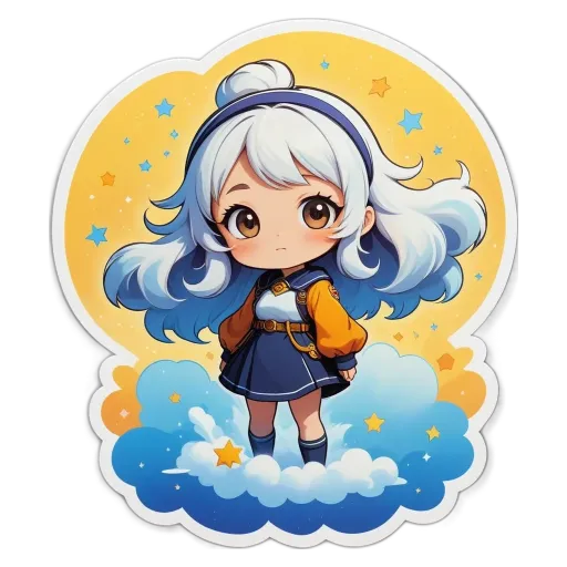 A girl with white hair and blue dress standing on a cloud sticker.