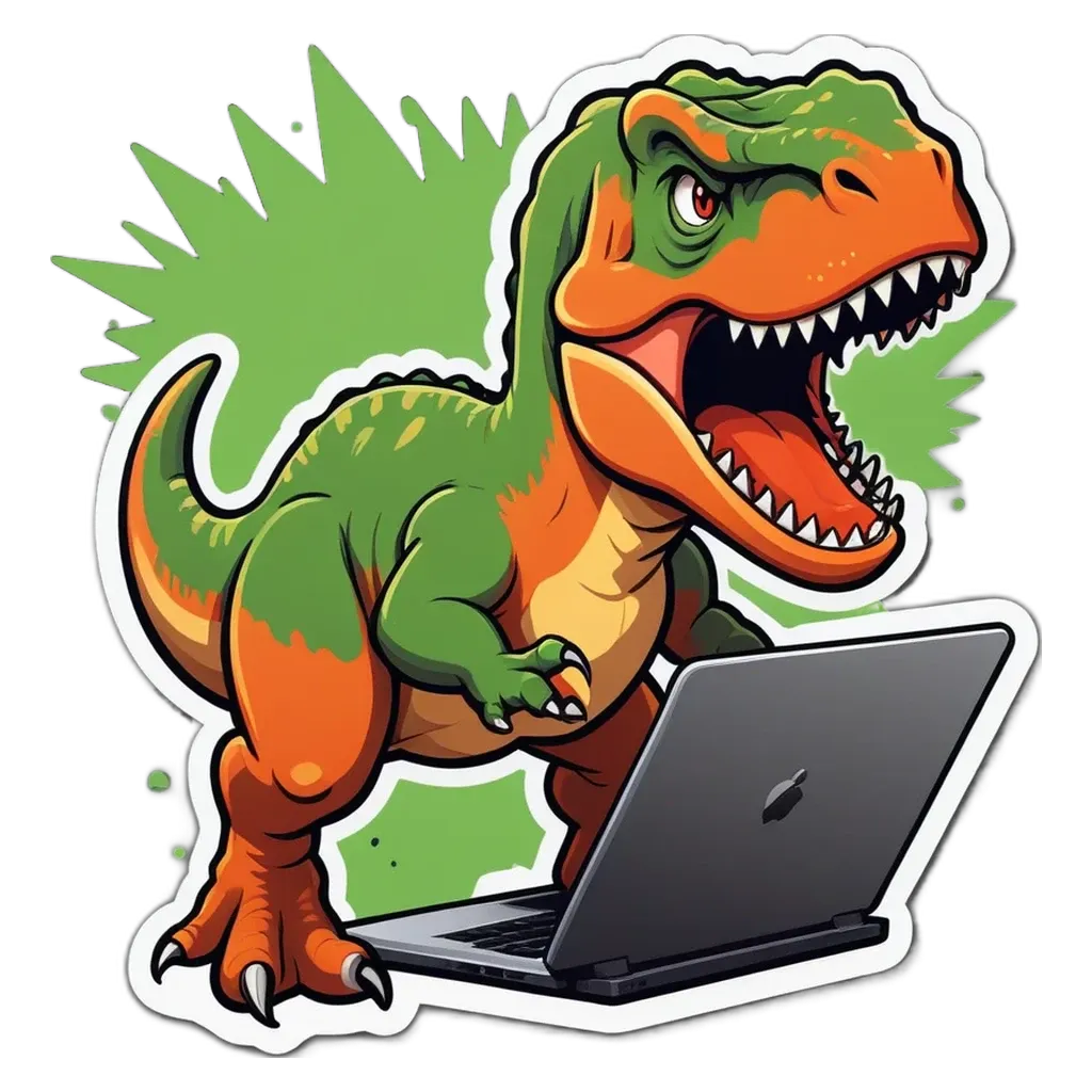 A cartoon depiction of a dinosaur using a laptop.