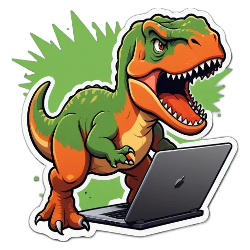 A cartoon depiction of a dinosaur using a laptop.