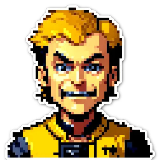 A man in a yellow shirt with blue eyes.