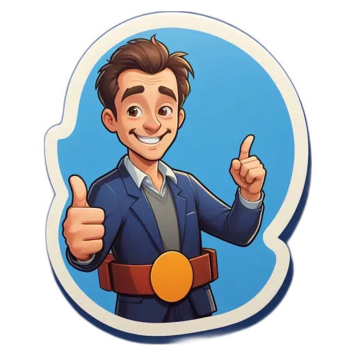 A man with a thumbs up is wearing a blue suit.