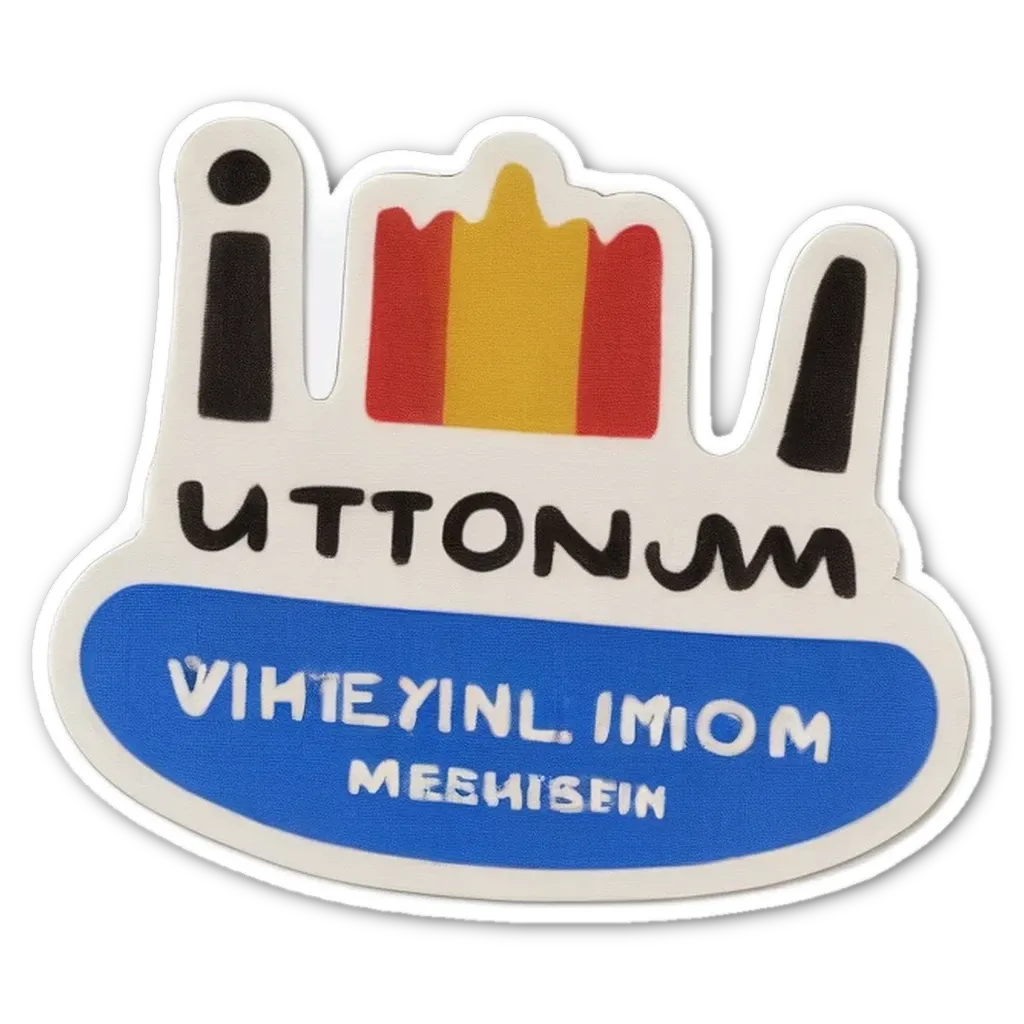 a blue, white and red sticker of utzonnem and meehyin imom meehiishen.