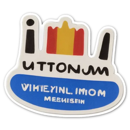 a blue, white and red sticker of utzonnem and meehyin imom meehiishen.