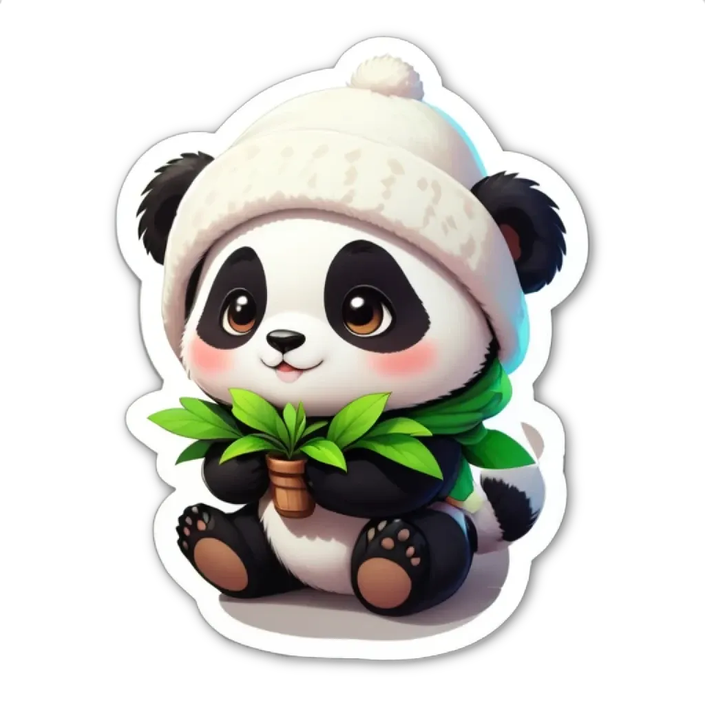 A panda bear wearing a hat and holding a plant.