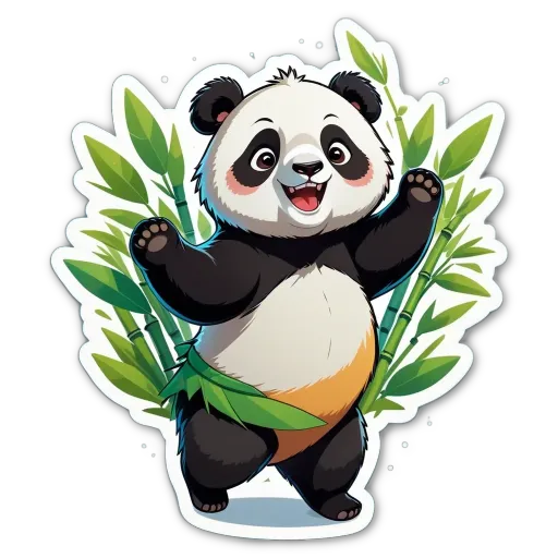 A panda bear with a big smile on its face standing in front of some green bamboo.