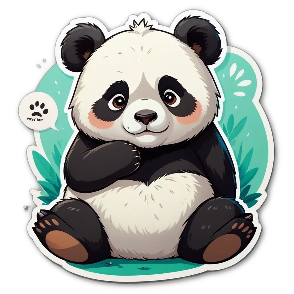 A cartoon panda bear sitting with its paw on its mouth.