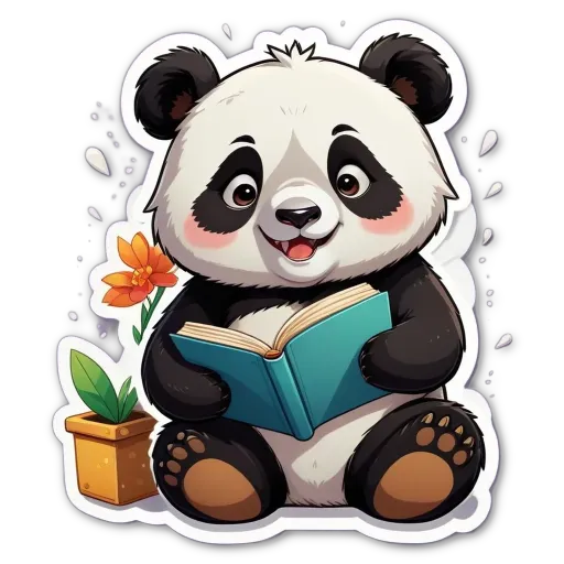 A panda bear reading a book with a flower.