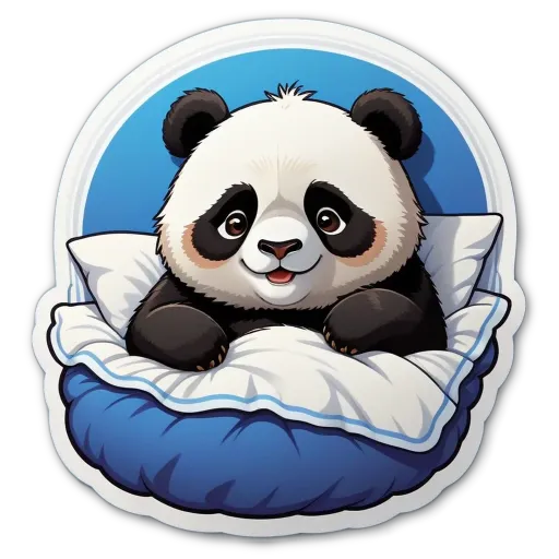 A panda bear sleeping on a blue and white pillow.