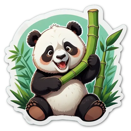 A panda bear holding a bamboo in his right hand.