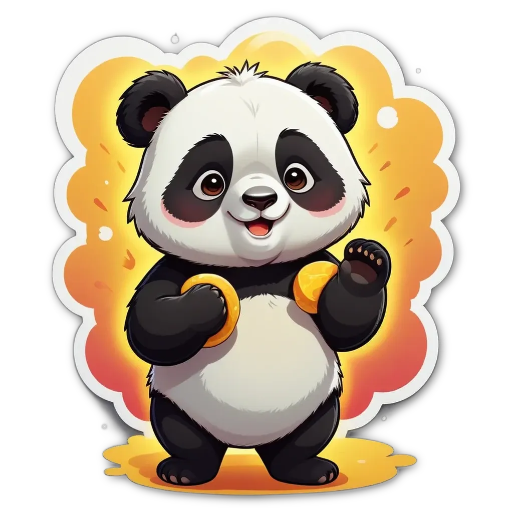 A panda bear holding two coins and a smile.