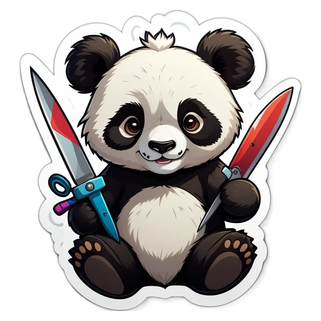 A panda bear holding a pair of scissors with a red knife in its mouth.
