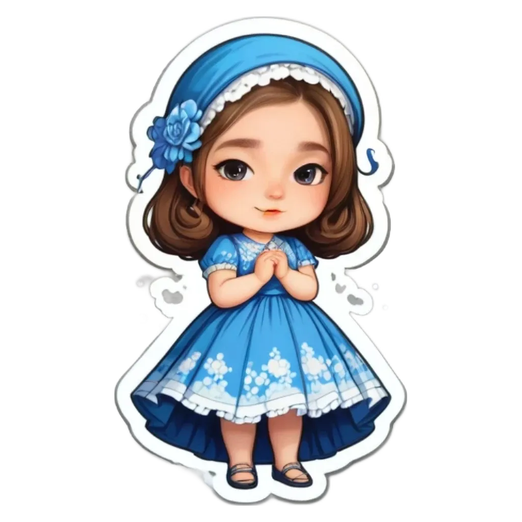A girl wearing a blue dress with flowers on it.