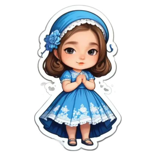 A girl wearing a blue dress with flowers on it.